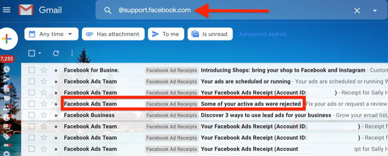 सभी फेसबुक विज्ञापन ईमेल सूचनाओं को अलग करने के लिए @ support.facebook.com के लिए जीमेल फिल्टर का उदाहरण