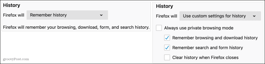 फ़ायरफ़ॉक्स में इतिहास सेटिंग्स