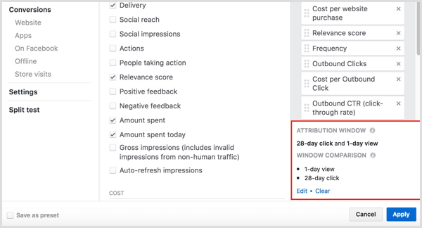 फेसबुक विज्ञापन प्रबंधक कॉलम क्लिक और रूपांतरण देखने के लिए अनुकूलित करते हैं