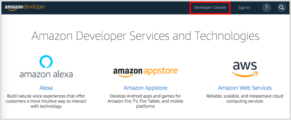 Amazon Developer account सेट करने के लिए Developer Console बटन पर क्लिक करें।