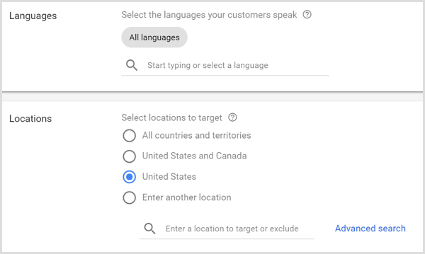 Google AdWords अभियान के लिए भाषाएं और स्थान सेटिंग।