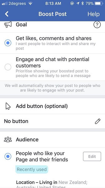 फेसबुक अब पूछता है कि जब वे किसी पोस्ट को बढ़ाते हैं तो विपणक के लक्ष्य क्या हैं।