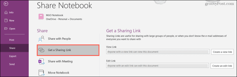 OneNote डेस्कटॉप में साझाकरण लिंक प्राप्त करें