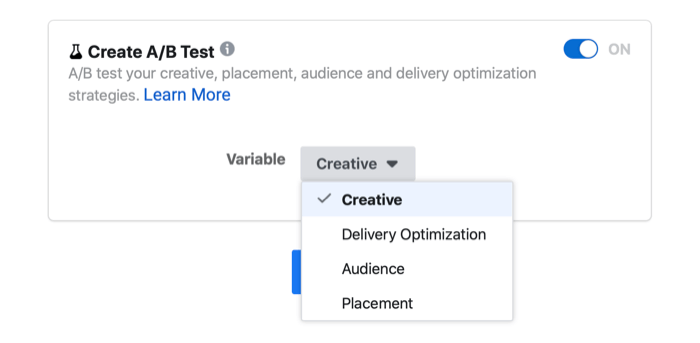 फेसबुक विज्ञापन / बी परीक्षण सेटिंग रचनात्मक, वितरण अनुकूलन, दर्शकों और प्लेसमेंट के चर विकल्प दिखा रहा है