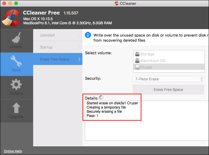 CCleaner में प्रगति में सुरक्षित मिटाएँ