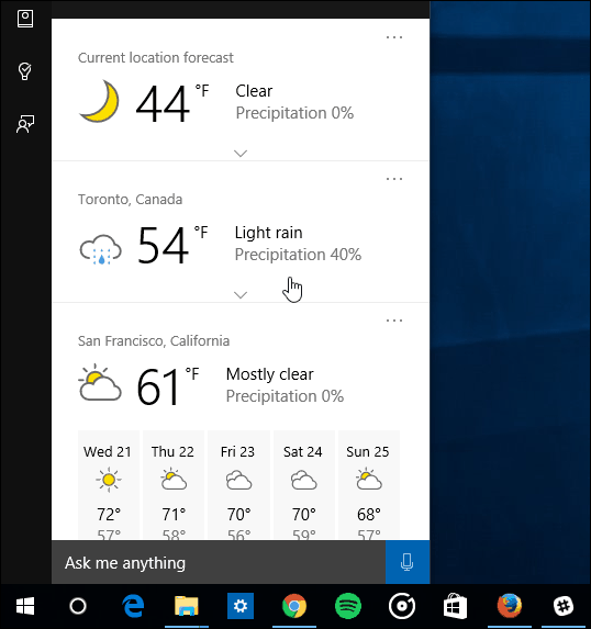 कई शहरों Cortana मौसम