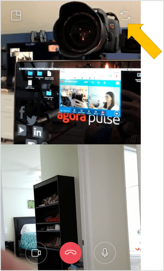 इंस्टाग्राम लाइव वीडियो चैट के दौरान किसी भी समय रियर-फेसिंग कैमरा पर स्विच करने के लिए अपनी स्क्रीन के ऊपरी दाएँ भाग में डबल एरो आइकन पर टैप करें।