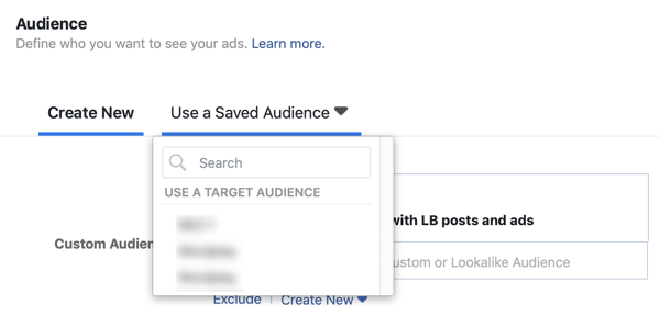 फेसबुक लीड विज्ञापन अभियान के लिए सहेजे गए दर्शकों का उपयोग करने का विकल्प।