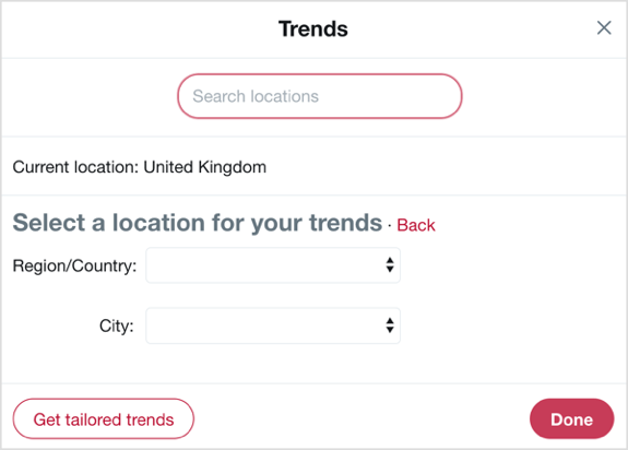 उस देश और शहर का चयन करें, जिस पर आप ट्विटर ट्रेंड के साथ ध्यान केंद्रित करना चाहते हैं।