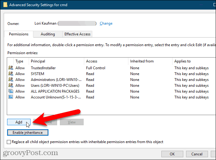 Windows रजिस्ट्री में उन्नत सुरक्षा सेटिंग्स संवाद बॉक्स पर क्लिक करें