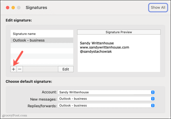 Mac पर Outlook में एक नया हस्ताक्षर जोड़ें