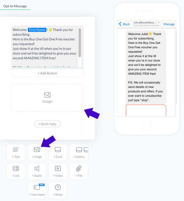 नए ग्राहक स्वागत संदेश को अनुकूलित करें और छवि के रूप में वाउचर संलग्न करें। यह सुनिश्चित करने के लिए पूर्वावलोकन देखें कि संदेश ठीक लग रहा है।