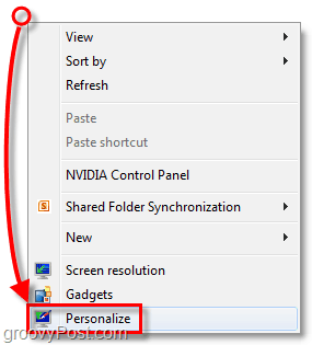 विंडोज़ 7 डेस्कटॉप पर राइट-क्लिक करें और निजीकृत चुनें