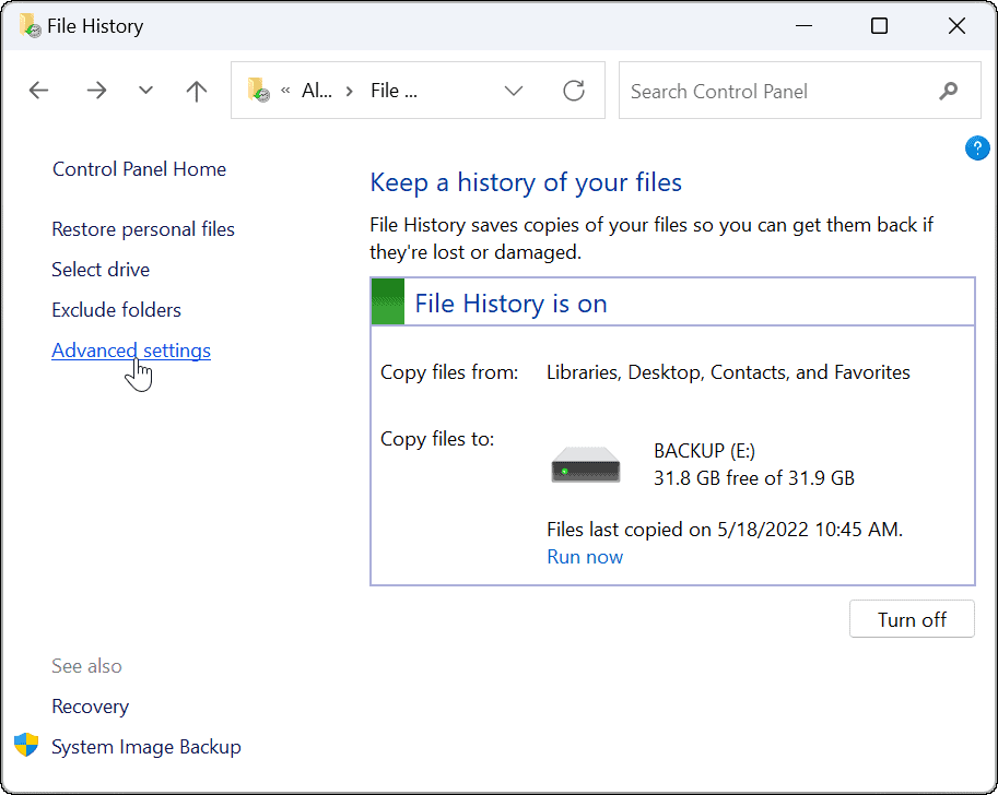 विंडोज़ 11 पर उन्नत उपयोग फ़ाइल इतिहास