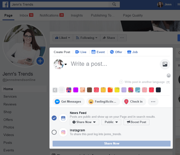 डेस्कटॉप से ​​फेसबुक से इंस्टाग्राम पर क्रॉस-पोस्ट कैसे करें, चरण 2, अपने फेसबुक पोस्ट से Instagram पर क्रॉस-पोस्ट करने का विकल्प