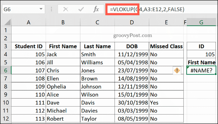 Excel में एक गलत तरीके से VLOOKUP सूत्र, एक NAME त्रुटि लौटाता है