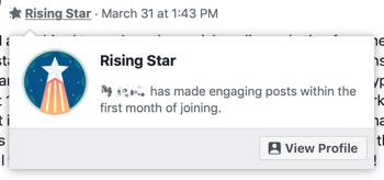 फेसबुक ग्रुप सुविधाओं का उपयोग कैसे करें, राइजिंग स्टार समूह बैज का उदाहरण