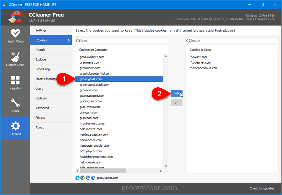 CCleaner में कौन सी कुकीज चुनें