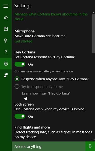 Cortana सेटिंग्स
