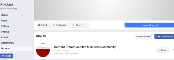 आपका लिंक किया हुआ समूह आपके फेसबुक पेज के ग्रुप टैब पर दिखाई देगा।