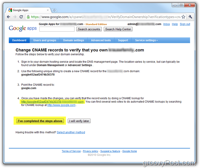 Google Apps CNAME रिकॉर्ड को डोमेन सत्यापित करने के लिए