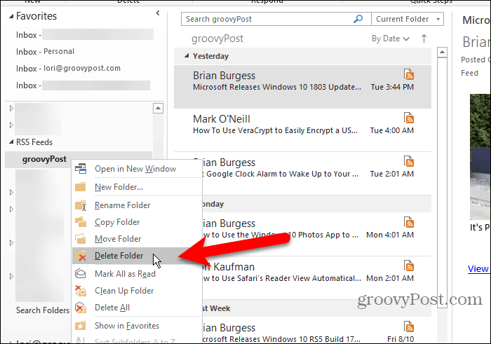 Outlook में एक आरएसएस फ़ीड सबफ़ोल्डर हटाएं