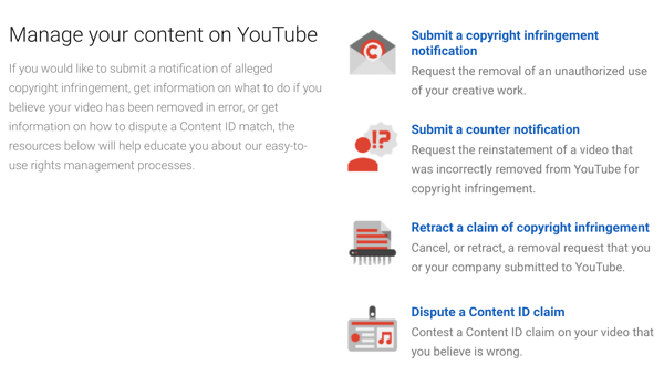 YouTube के पास ऐसी प्रक्रियाएँ हैं जिनका अनुसरण करके यदि कोई आपके कॉपीराइट का उल्लंघन करता है।