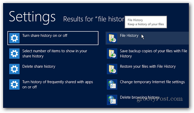 फ़ाइल इतिहास सेटिंग्स खोज विंडोज 8