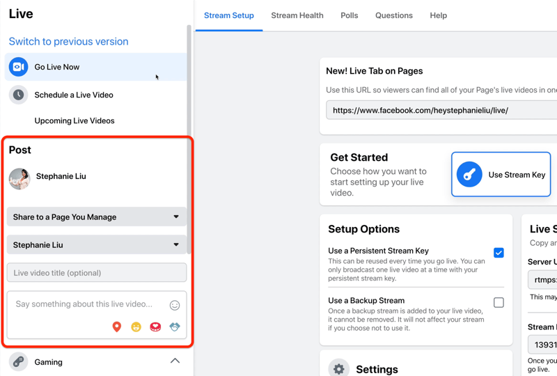 अपने लाइव वीडियो के लिए पोस्ट विवरण जोड़ने के लिए फेसबुक लाइव स्ट्रीम सेटअप विकल्प