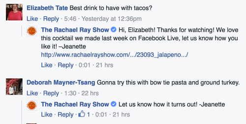 रैशेल रे शो फेसबुक टिप्पणी का जवाब देता है उदाहरण