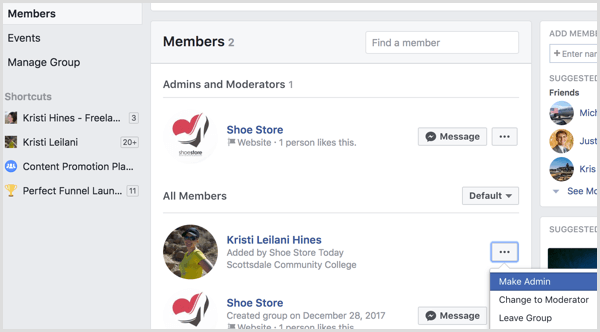फेसबुक एडमिन के रूप में समूह में प्रोफ़ाइल जोड़ता है