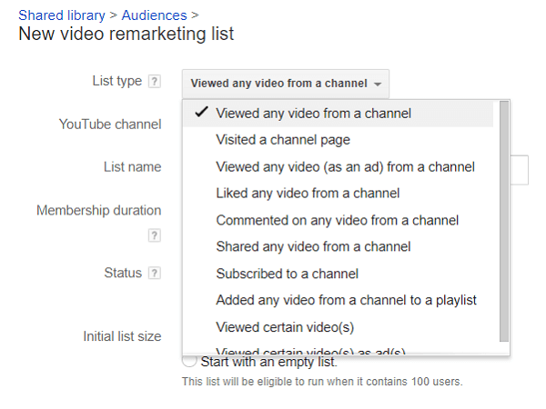 रीमार्केटिंग के लिए आप YouTube दर्शकों की अपनी सूची को विभाजित कर सकते हैं।
