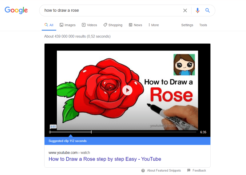 'गुलाब कैसे खीचें' के लिए Google खोज परिणामों में शीर्ष youtube वीडियो का उदाहरण
