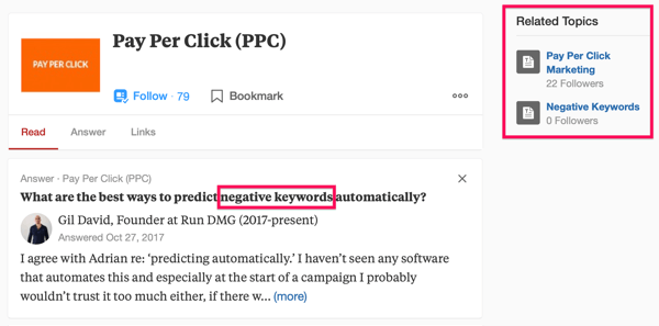 Quora खोज परिणाम का उदाहरण 'PPC' शब्द और वाक्यांश 'नकारात्मक कीवर्ड' शामिल हैं।