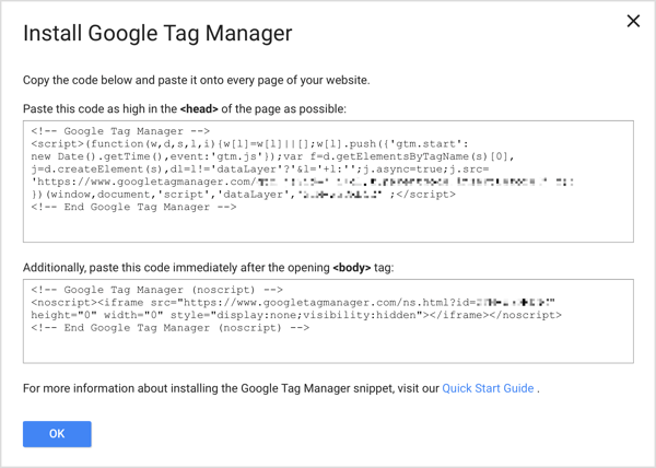सेटअप प्रक्रिया को पूरा करने के लिए अपनी वेबसाइट के प्रत्येक पृष्ठ पर दो Google टैग प्रबंधक कोड स्निपेट जोड़ें।