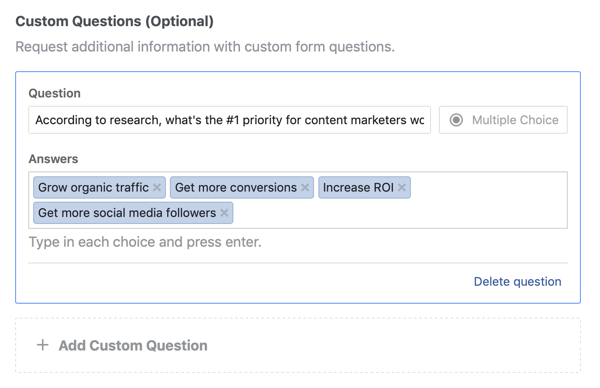 Facebook लीड विज्ञापन अभियान के लिए प्रश्न के लिए उदाहरण प्रश्न और उत्तर विकल्प।