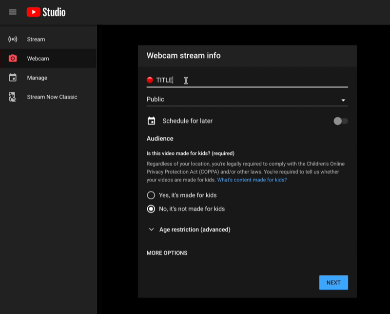 YouTube स्टूडियो लाइव मेनू लाइव-स्ट्रीमिंग डैशबोर्ड के साथ वेबकैम स्ट्रीम जानकारी सेट करने के लिए तैयार है