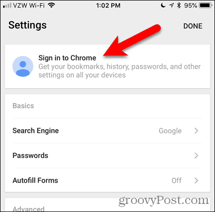 IOS पर Chrome में साइन इन करें टैप करें