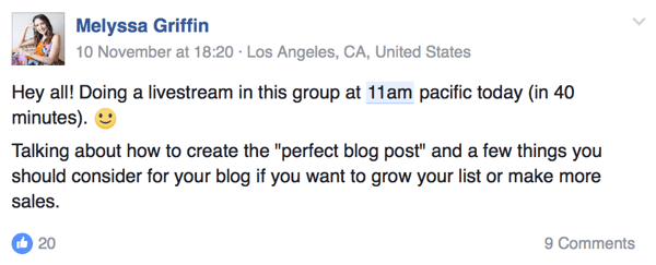 उद्यमी Melyssa ग्रिफिन अपने दर्शकों को बताती है कि वह फेसबुक पर लाइव कब होगी।