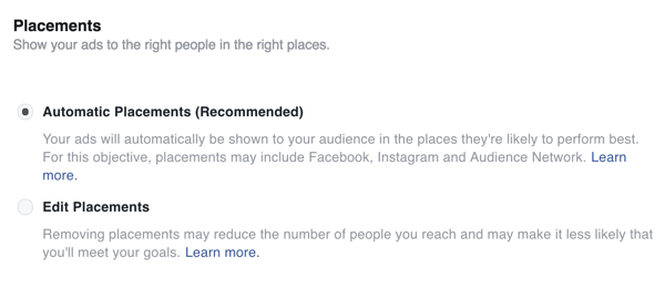 अपने फेसबुक विज्ञापन के लिए प्लेसमेंट चुनें।