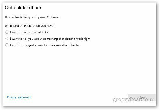 Microsoft को Outlook.com के बारे में प्रतिक्रिया कैसे भेजें