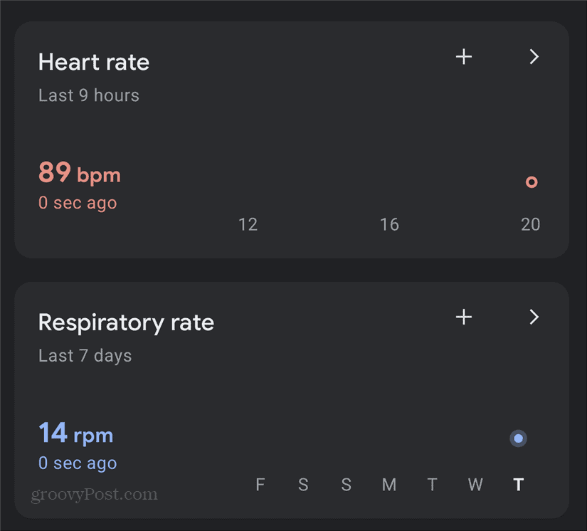 Google पिक्सेल हृदय श्वसन दर डैशबोर्ड