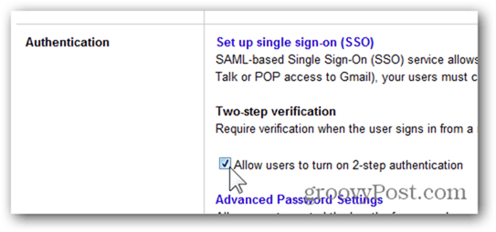 चेक बॉक्स उपयोगकर्ताओं को 2-चरणीय प्रमाणीकरण चालू करने की अनुमति देता है