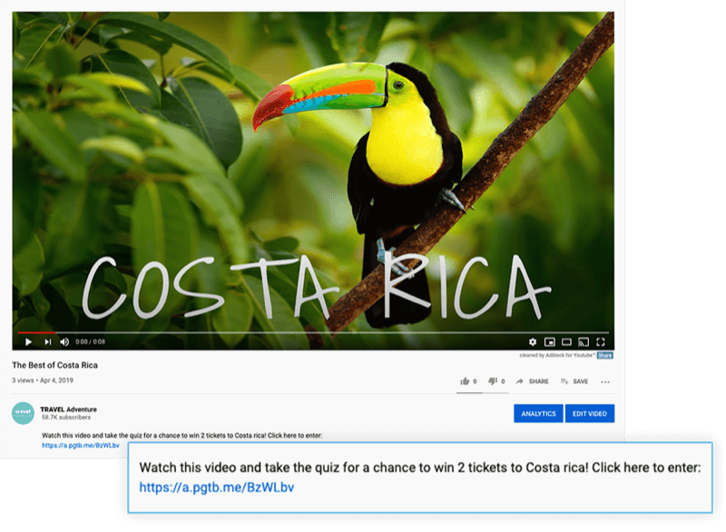 वीडियो देखने के ऑफ़र के साथ हाइलाइट किए गए youtube वीडियो विवरण और कोस्टा रिका के लिए 2 टिकट जीतने के लिए एक क्विज़ लेने के लिए