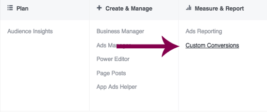 फेसबुक विज्ञापन प्रबंधक में कस्टम रूपांतरण पर नेविगेट करें।