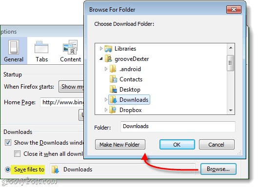 फ़ाइलों को एक फ़ोल्डर में सहेजें और उस फ़ोल्डर को सेट करने के लिए ब्राउज़ करें