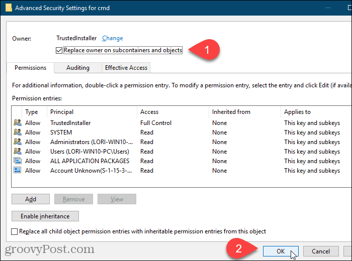 Windows रजिस्ट्री संपादक में उन्नत सुरक्षा सेटिंग्स संवाद बॉक्स पर उप-अनुचर और ऑब्जेक्ट बॉक्स पर बदलें स्वामी की जाँच करें
