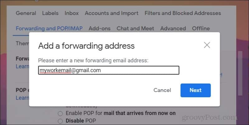 फ़ॉरवर्डिंग ईमेल जोड़ने का स्क्रीनशॉट