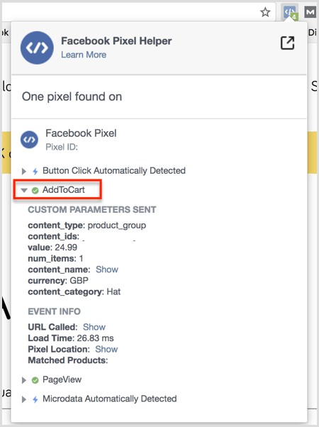 Add to Cart पेज पर Facebook Pixel Helper प्लगइन परिणाम देता है