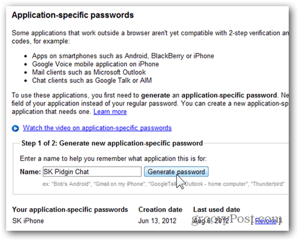 गूगल वन टाइम पासवर्ड - जनरेट पासवर्ड पर क्लिक करें